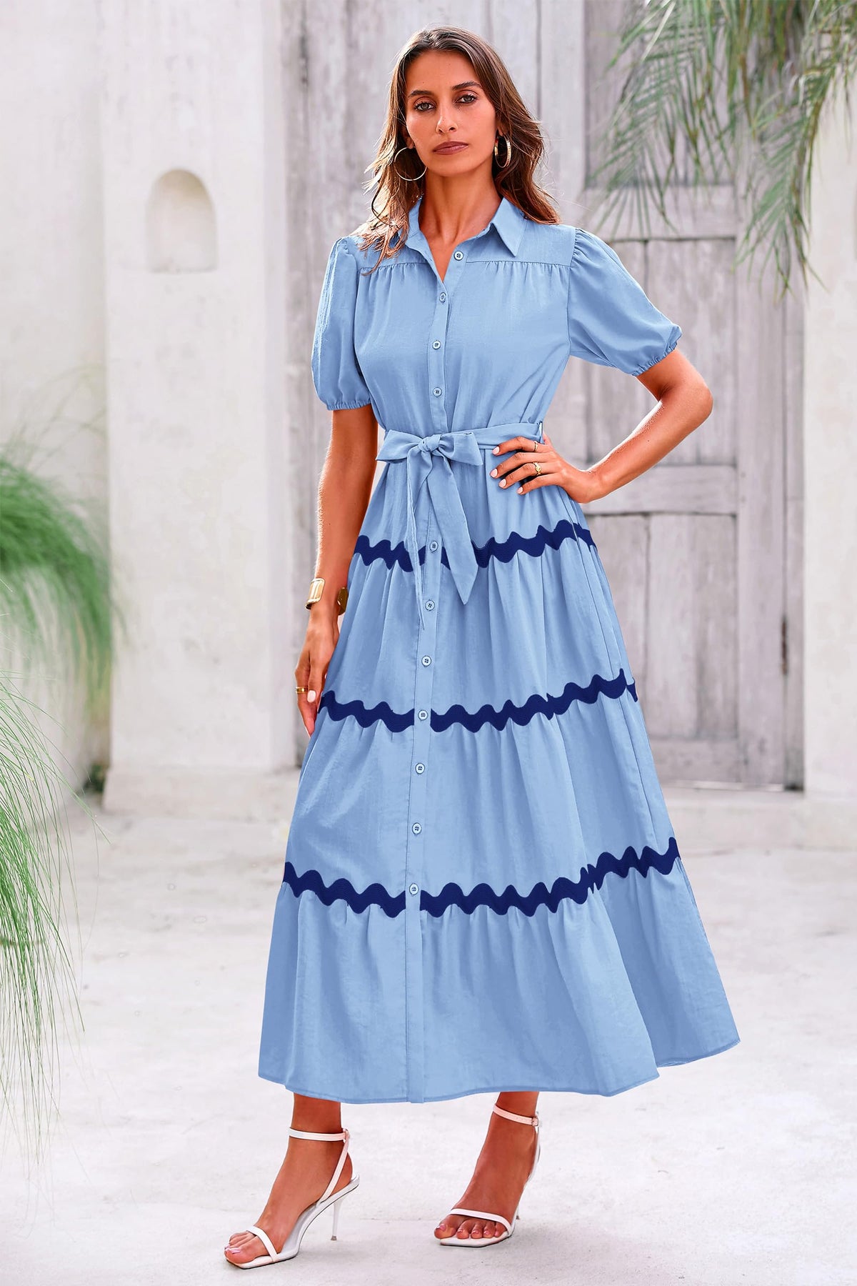 Summer Maxi Button Down Puff Short Sleeve Ruffle Long Flowy Shirt Dresses With Belt