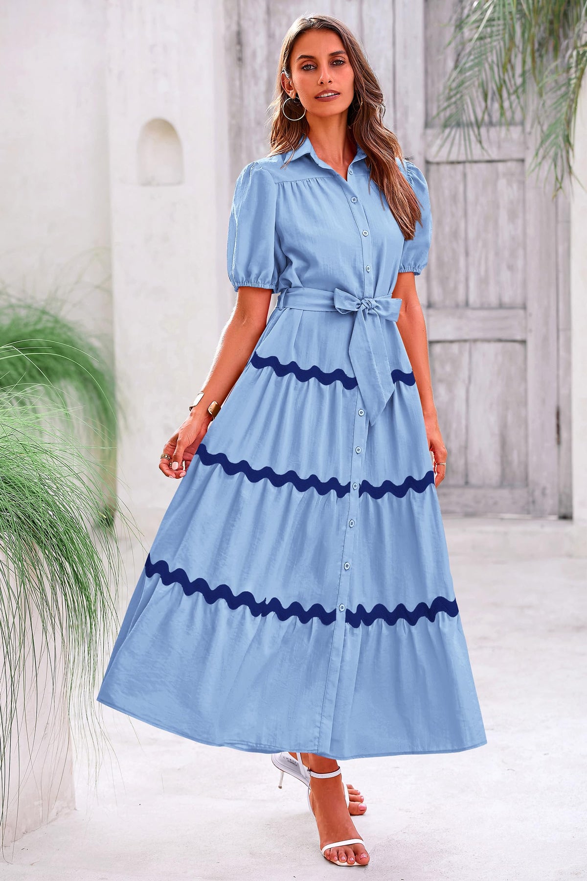 Summer Maxi Button Down Puff Short Sleeve Ruffle Long Flowy Shirt Dresses With Belt