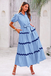 Summer Maxi Button Down Puff Short Sleeve Ruffle Long Flowy Shirt Dresses With Belt