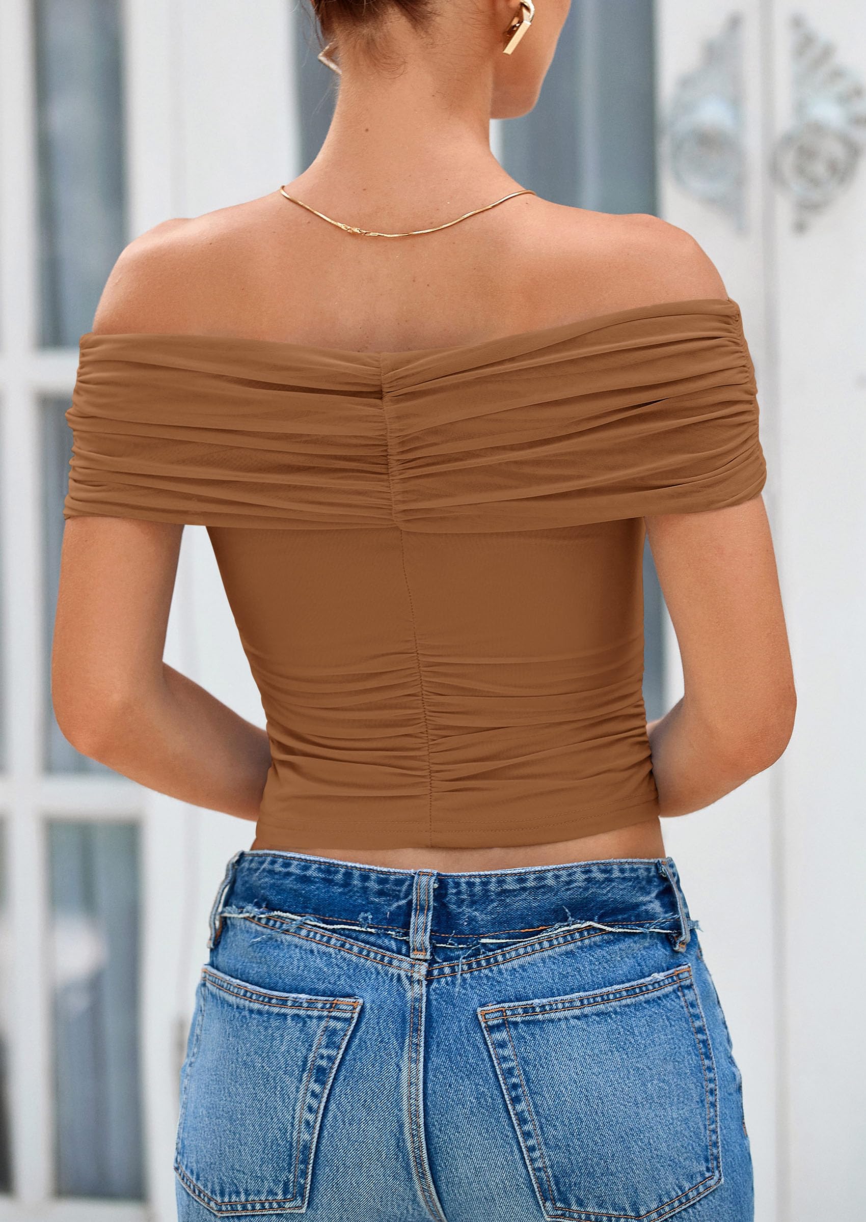 PRETTYGARDEN Summer Tops for Women Off Shoulder Short Sleeve Ruched Slim Fit Shirts Blouses Y2K Going Out Top