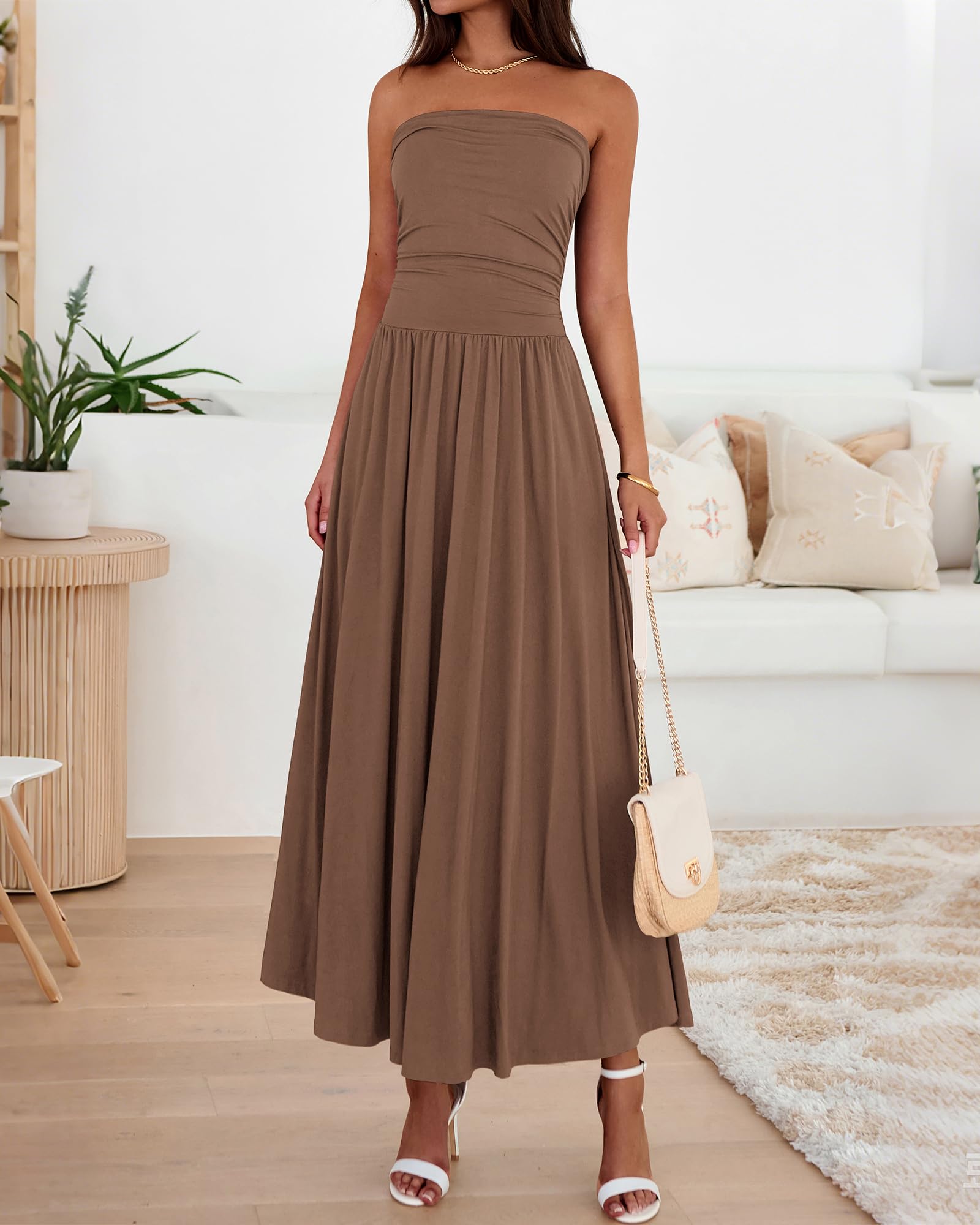 BTFBM Summer Maxi Dresses for Women Strapless Ruched Tube Top Beach Vacation Spring Wedding Guest Dress Pockets PRETTYGARDEN