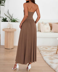 BTFBM Summer Maxi Dresses for Women Strapless Ruched Tube Top Beach Vacation Spring Wedding Guest Dress Pockets PRETTYGARDEN