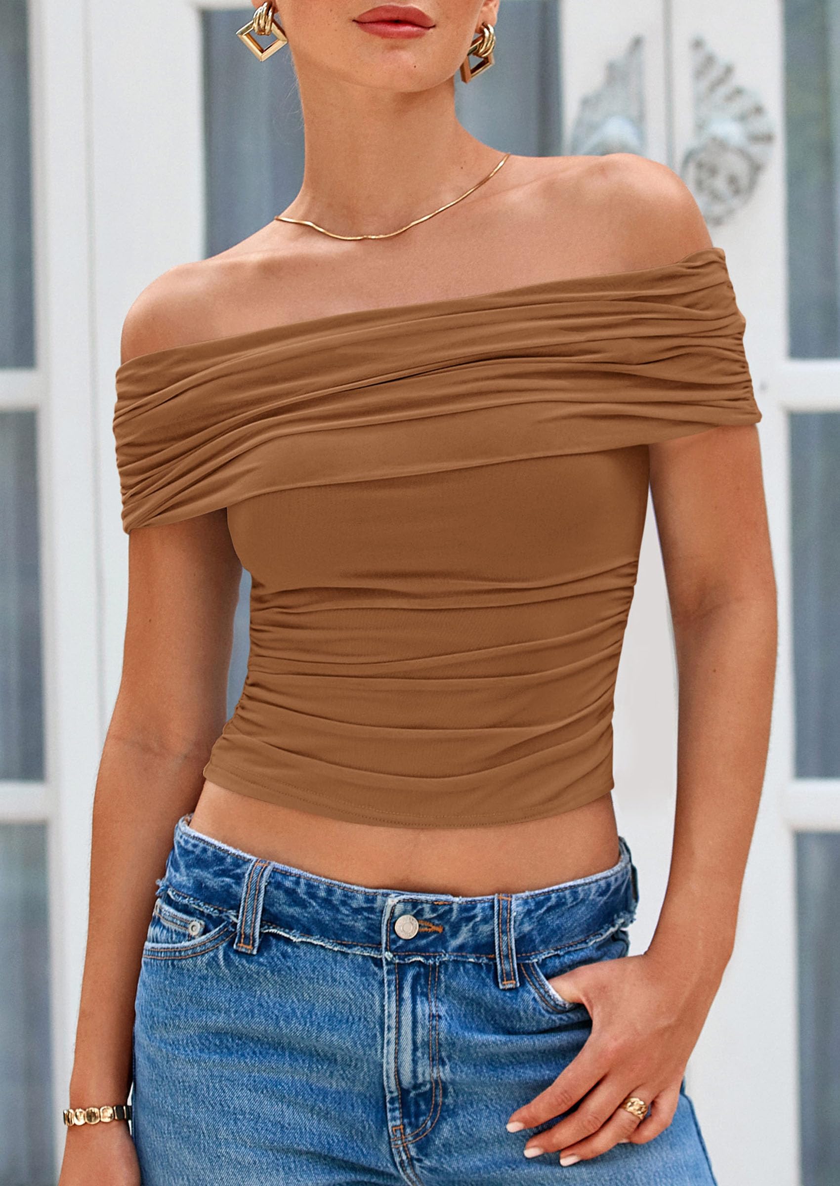 PRETTYGARDEN Summer Tops for Women Off Shoulder Short Sleeve Ruched Slim Fit Shirts Blouses Y2K Going Out Top