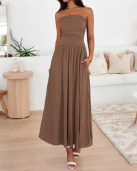 BTFBM Summer Maxi Dresses for Women Strapless Ruched Tube Top Beach Vacation Spring Wedding Guest Dress Pockets PRETTYGARDEN