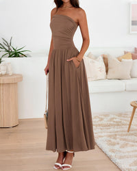 BTFBM Summer Maxi Dresses for Women Strapless Ruched Tube Top Beach Vacation Spring Wedding Guest Dress Pockets PRETTYGARDEN