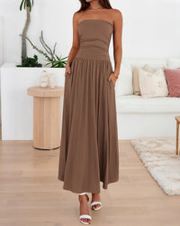 BTFBM Summer Maxi Dresses for Women Strapless Ruched Tube Top Beach Vacation Spring Wedding Guest Dress Pockets PRETTYGARDEN