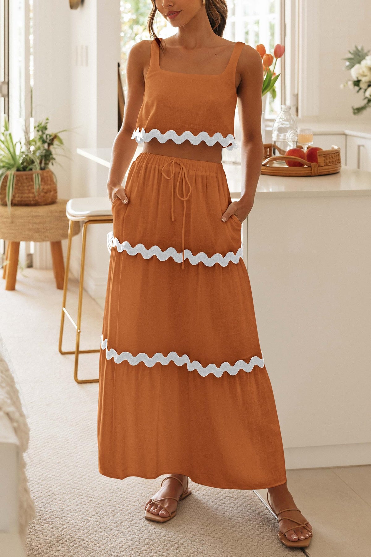 2 Piece Summer Casual Sleeveless Cropped Tank Top High Waisted Maxi Skirt Set