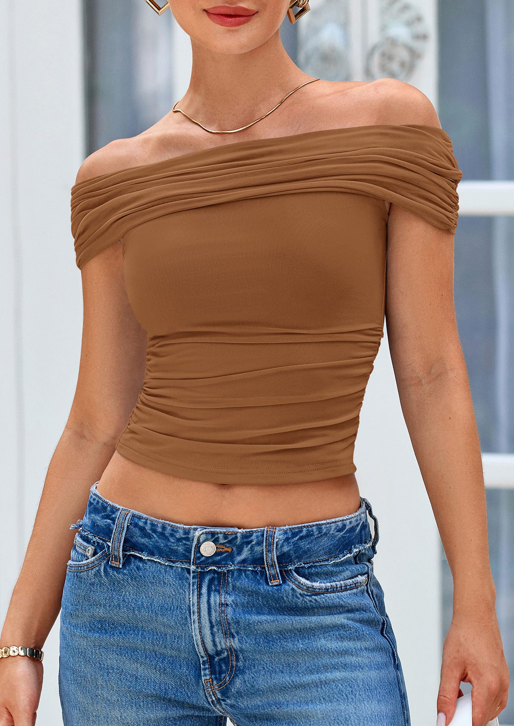 PRETTYGARDEN Summer Tops for Women Off Shoulder Short Sleeve Ruched Slim Fit Shirts Blouses Y2K Going Out Top