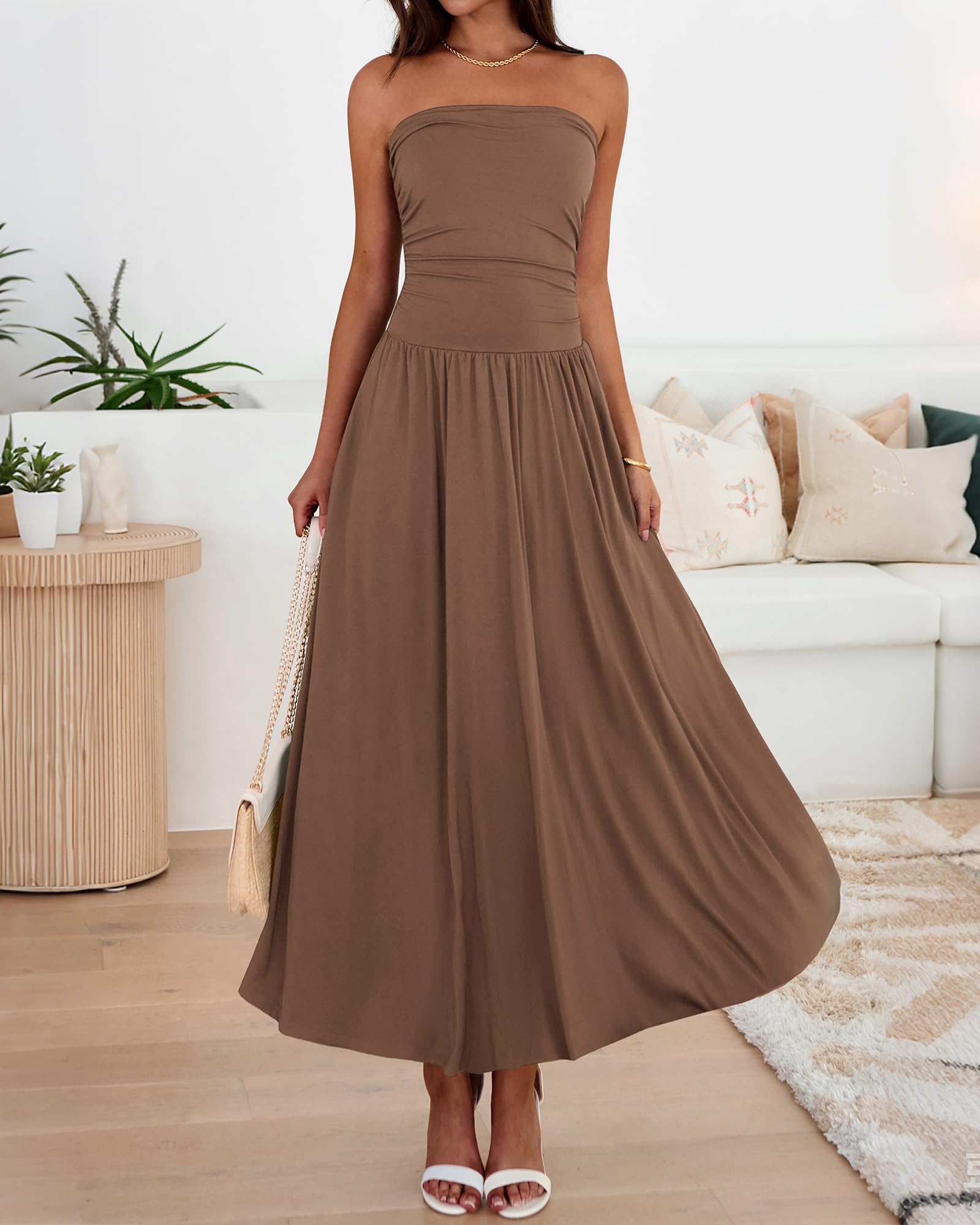 BTFBM Summer Maxi Dresses for Women Strapless Ruched Tube Top Beach Vacation Spring Wedding Guest Dress Pockets PRETTYGARDEN