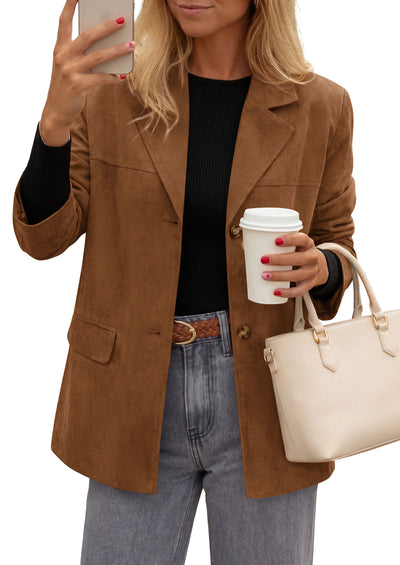 PRETTYGARDEN Women's Faux Suede Western Blazer Jacket | Notched Lapel Button Long Sleeve Oversized Business Casual Suit Jacket, Dressy Office Work Outerwear, 2026 Fall Clothing