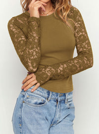 PRETTYGARDEN Sheer Lace Raglan Long Sleeve Shirts for Women | Soft Stretchy Knit,See Through Floral Sleeves,Crewneck Fitted Tshirts,Daily Going Out Tops,Office Layer,Fall Fashion Clothing