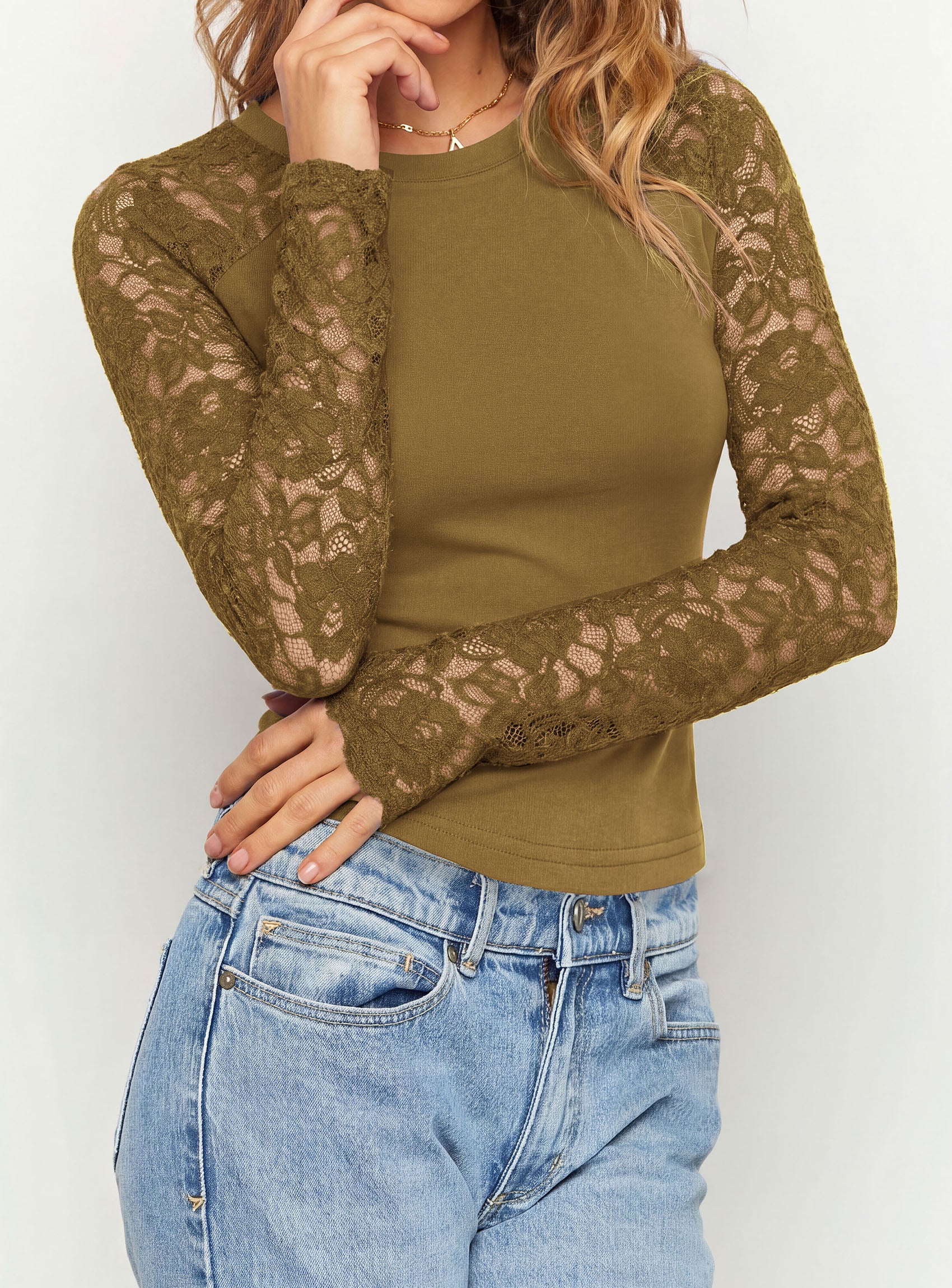PRETTYGARDEN Sheer Lace Raglan Long Sleeve Shirts for Women | Soft Stretchy Knit,See Through Floral Sleeves,Crewneck Fitted Tshirts,Daily Going Out Tops,Office Layer,Fall Fashion Clothing