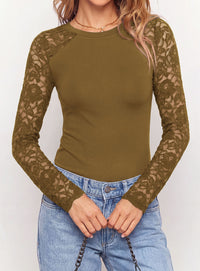 PRETTYGARDEN Sheer Lace Raglan Long Sleeve Shirts for Women | Soft Stretchy Knit,See Through Floral Sleeves,Crewneck Fitted Tshirts,Daily Going Out Tops,Office Layer,Fall Fashion Clothing