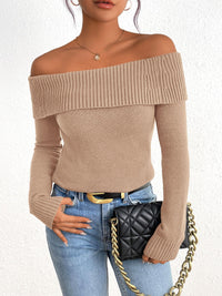 Fall Off Shoulder Sweaters Y2K Long Sleeve Ribbed Knit Fitted Pullover Tops Blouse