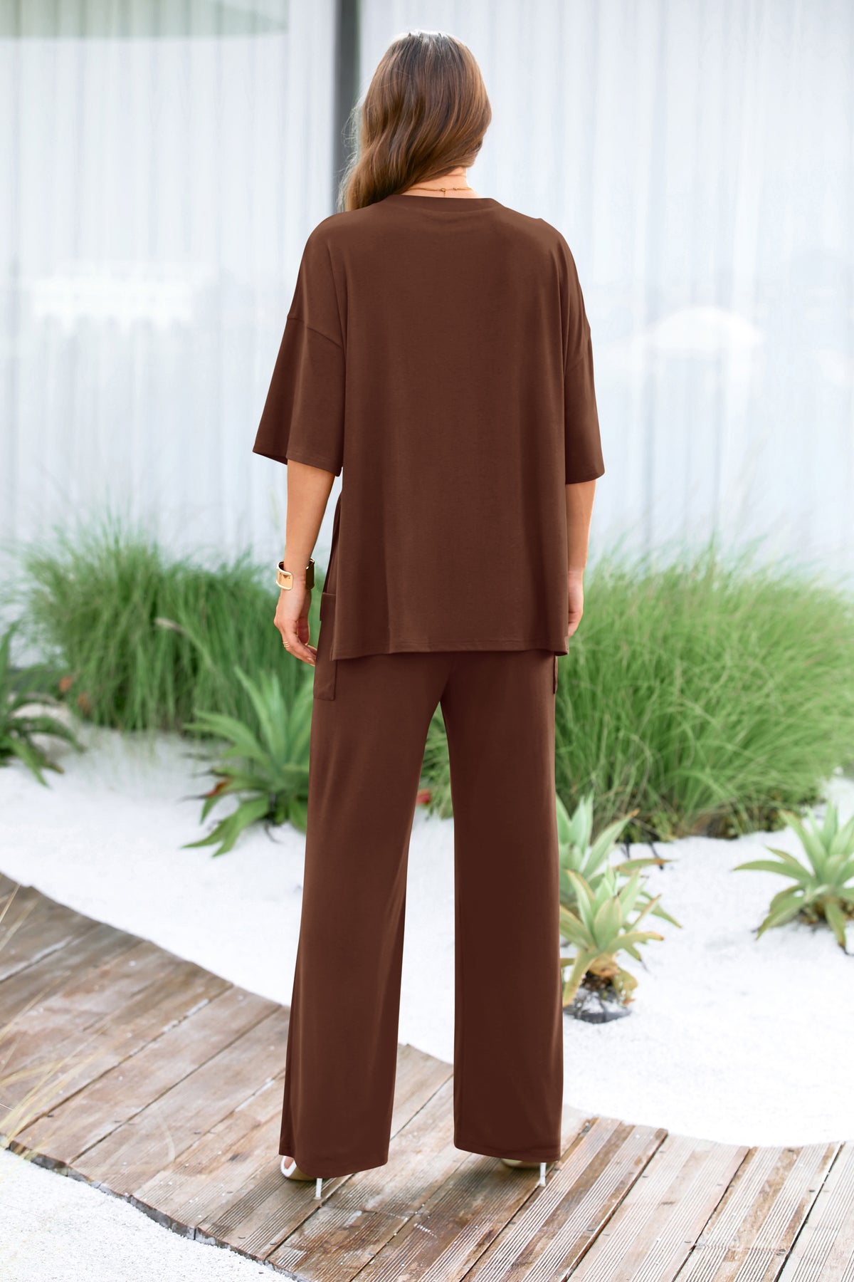 Short Sleeve Pullover Tops And Wide Leg Pants Two Piece Sets