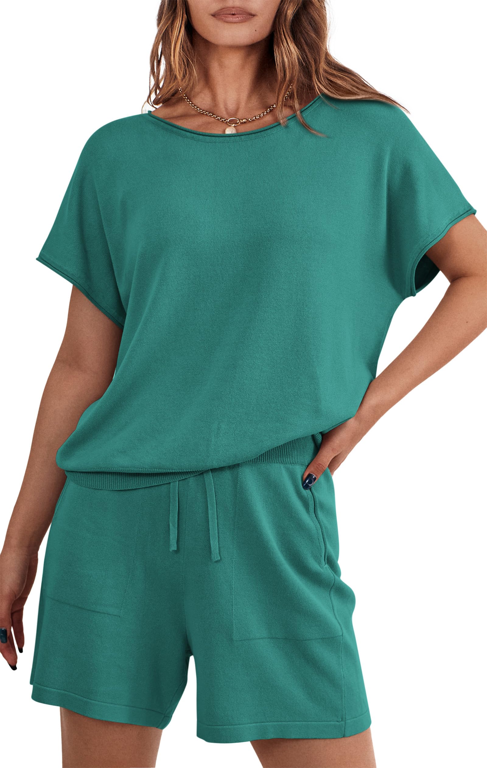 PRETTYGARDEN Two Piece Set for Women Summer Lounge Sets Shorts And Short Sleeve Tops Knitted Matching Travel Spring Outfits PRETTYGARDEN