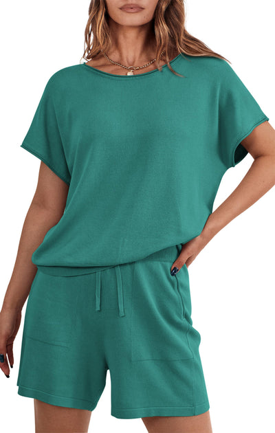PRETTYGARDEN Two Piece Set for Women Summer Lounge Sets Shorts And Short Sleeve Tops Knitted Matching Travel Spring Outfits PRETTYGARDEN