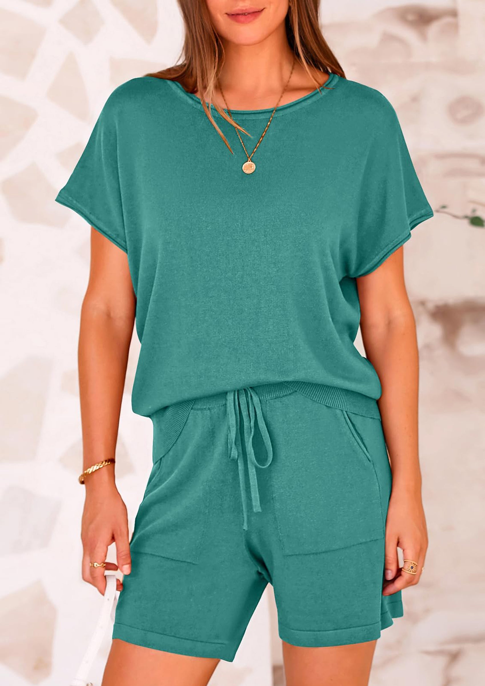 PRETTYGARDEN Two Piece Set for Women Summer Lounge Sets Shorts And Short Sleeve Tops Knitted Matching Travel Spring Outfits PRETTYGARDEN