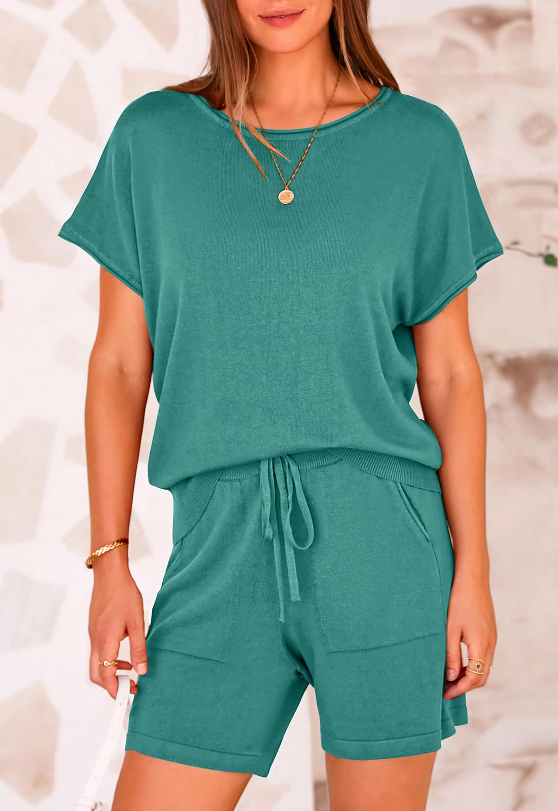 PRETTYGARDEN Two Piece Set for Women Summer Lounge Sets Shorts And Short Sleeve Tops Knitted Matching Travel Spring Outfits PRETTYGARDEN