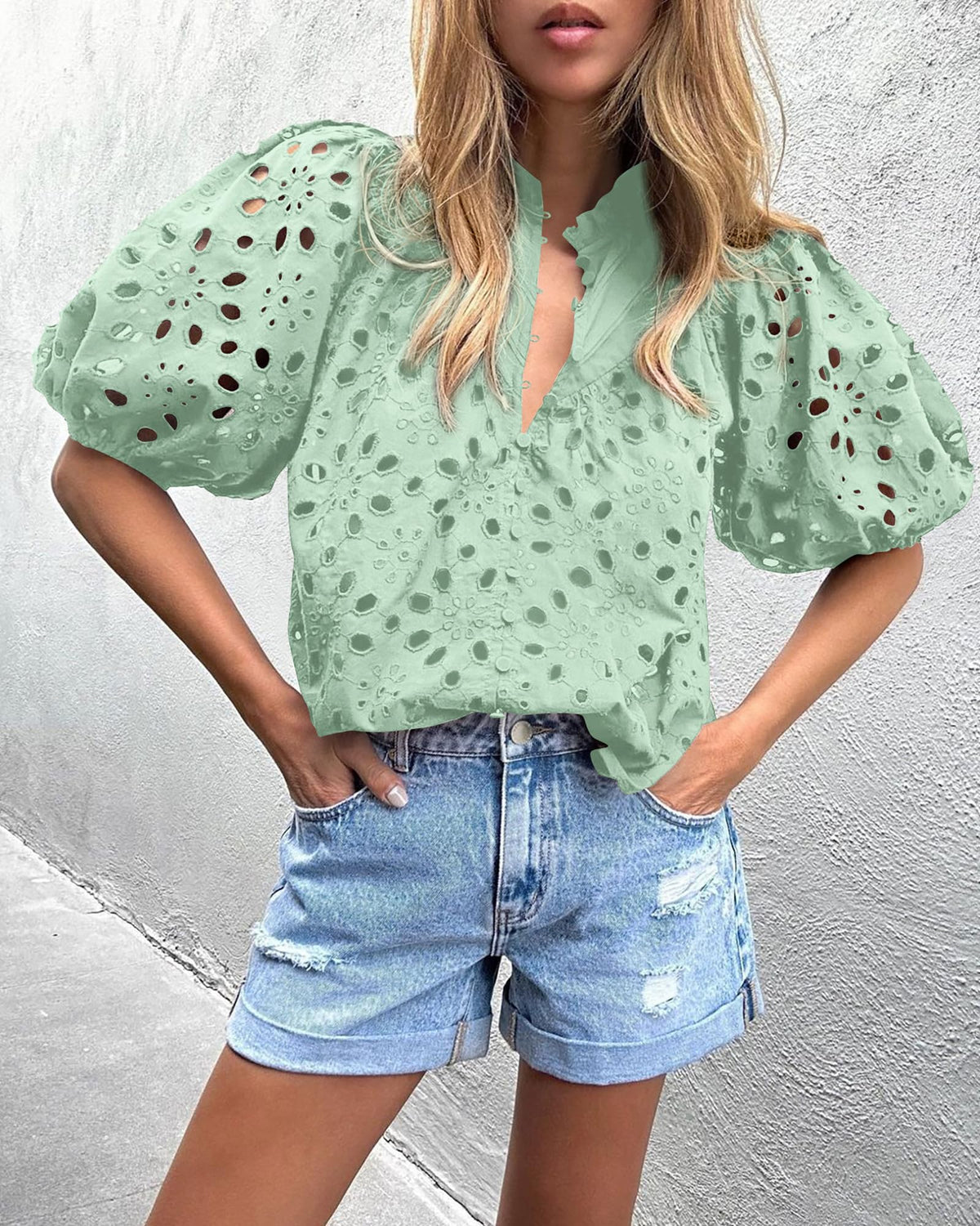 Casual Short Lantern Sleeve V Neck Buttons Hollow Out Lace Embroidered Blouses