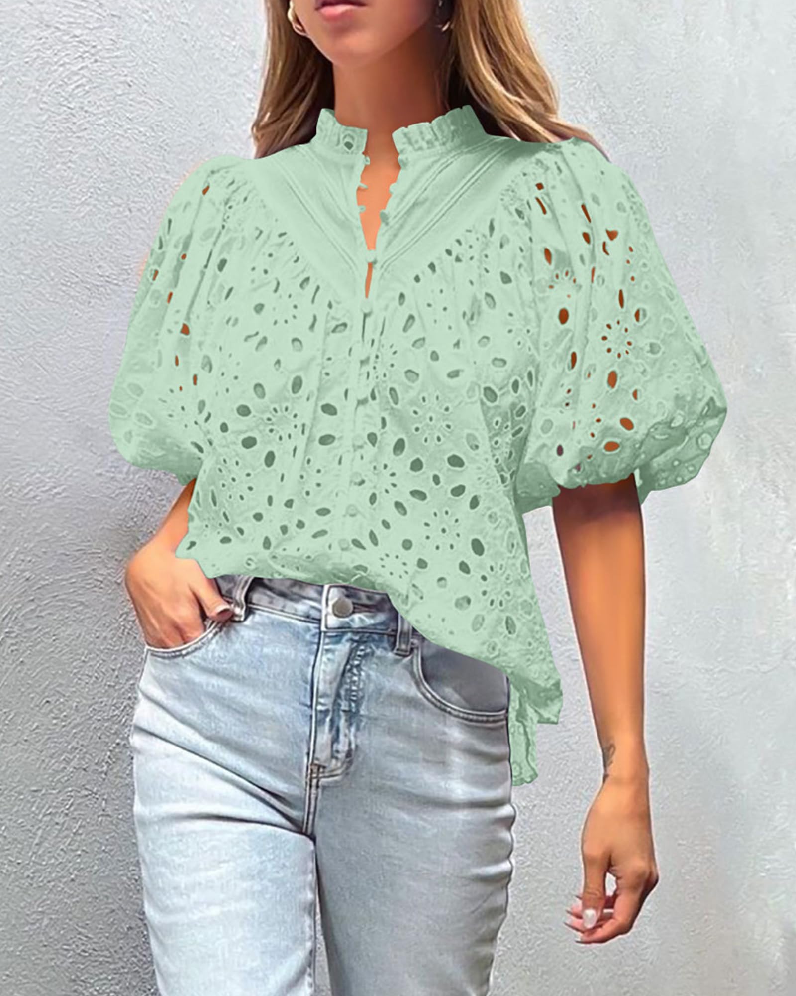 PRETTYGARDEN Women's Summer Short Sleeve Tops Dressy Casual Buttons V Neck Hollow Out Lace Embroidered Blouses Shirts