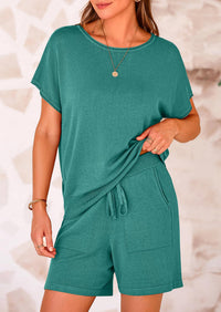 PRETTYGARDEN Two Piece Set for Women Summer Lounge Sets Shorts And Short Sleeve Tops Knitted Matching Travel Spring Outfits PRETTYGARDEN