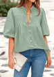 Women's 2025 Summer Short Lantern Sleeve Tops Loose Fit Button Down Shirt Casual Pleated V Neck Blouses