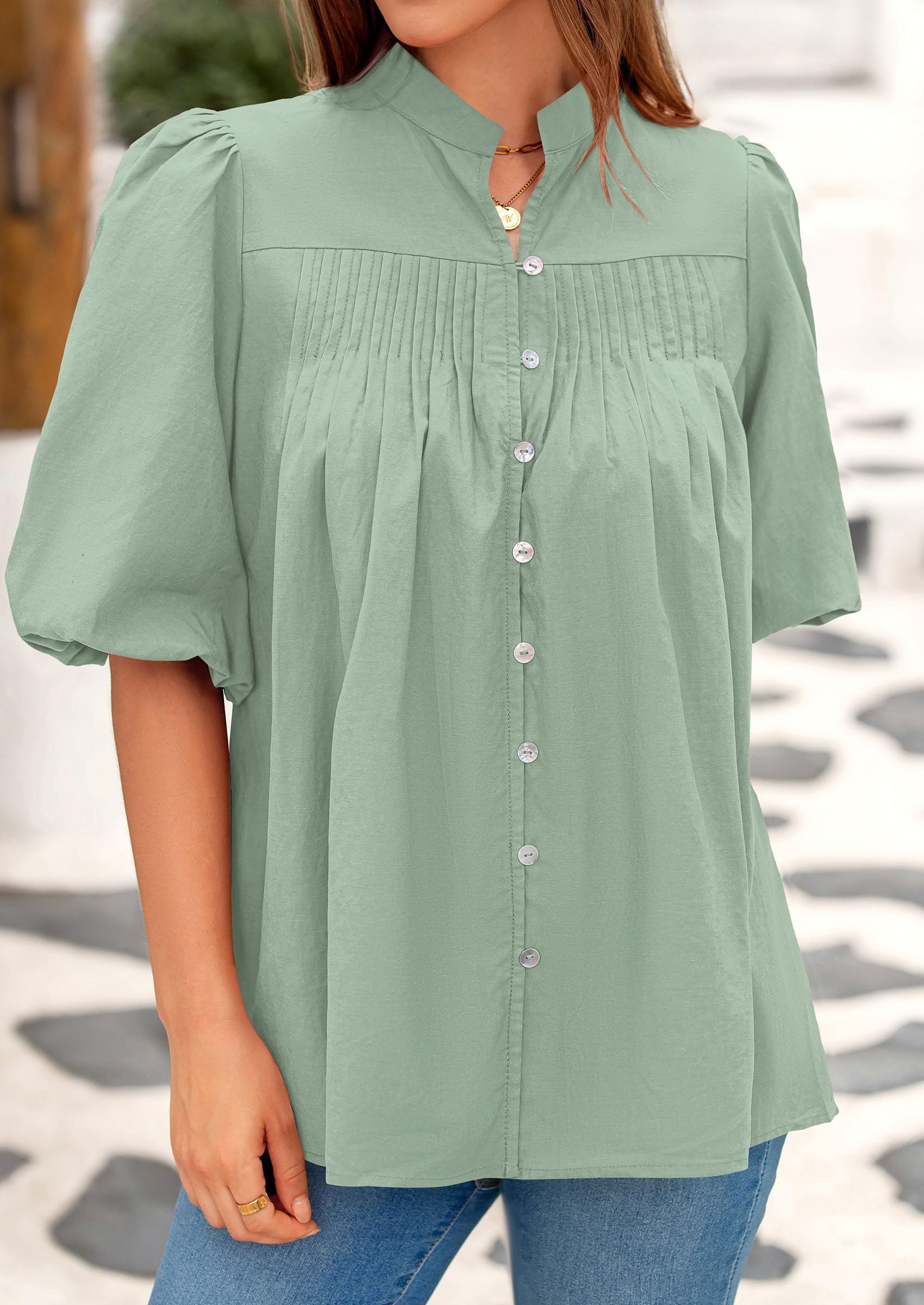 PRETTYGARDEN Women's Summer Short Lantern Sleeve Tops Loose Fit Button Down Shirt Casual Pleated V Neck Blouses