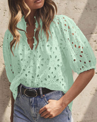 Casual Short Lantern Sleeve V Neck Buttons Hollow Out Lace Embroidered Blouses