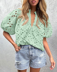 Casual Short Lantern Sleeve V Neck Buttons Hollow Out Lace Embroidered Blouses