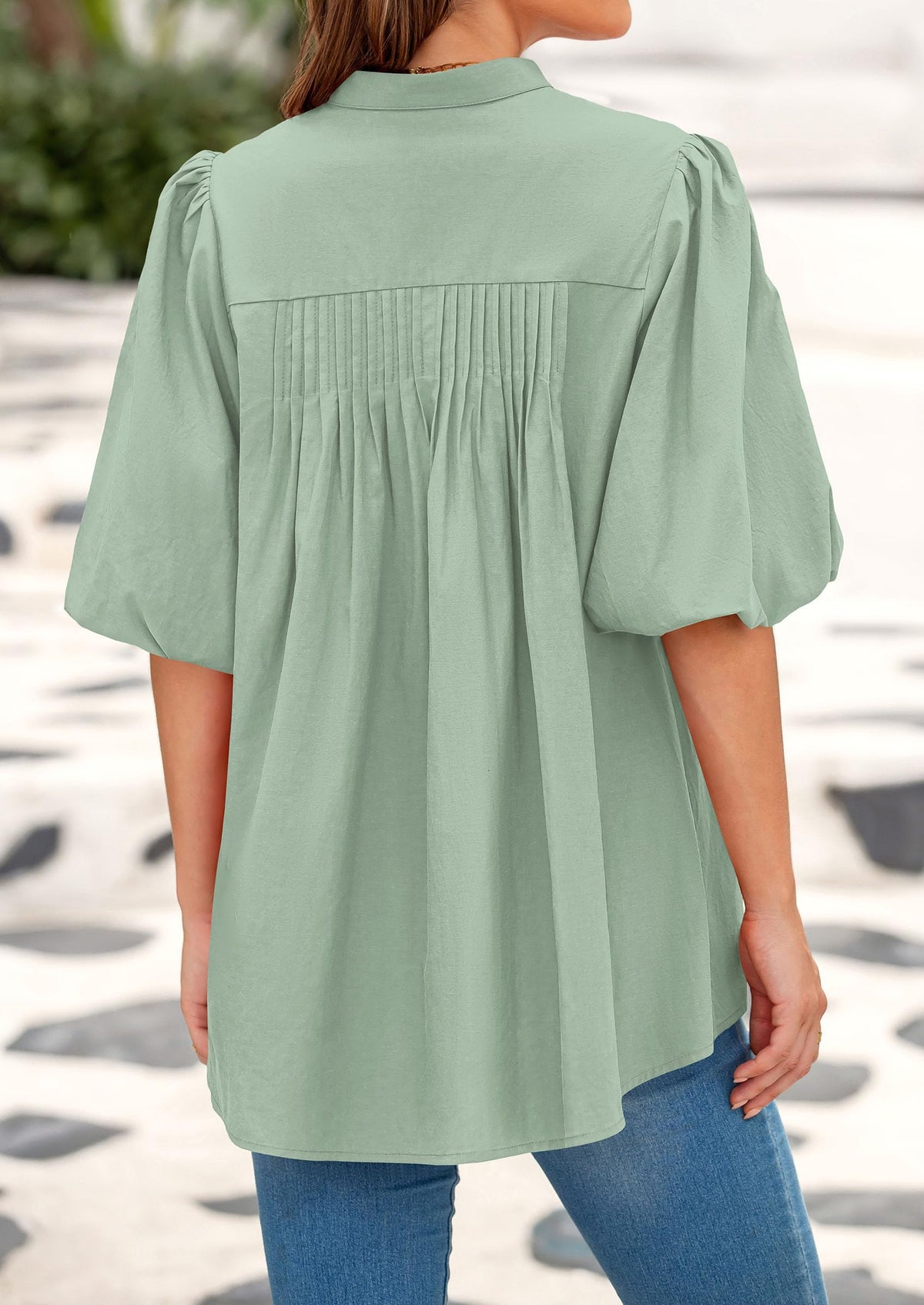 Women's 2025 Summer Short Lantern Sleeve Tops Loose Fit Button Down Shirt Casual Pleated V Neck Blouses