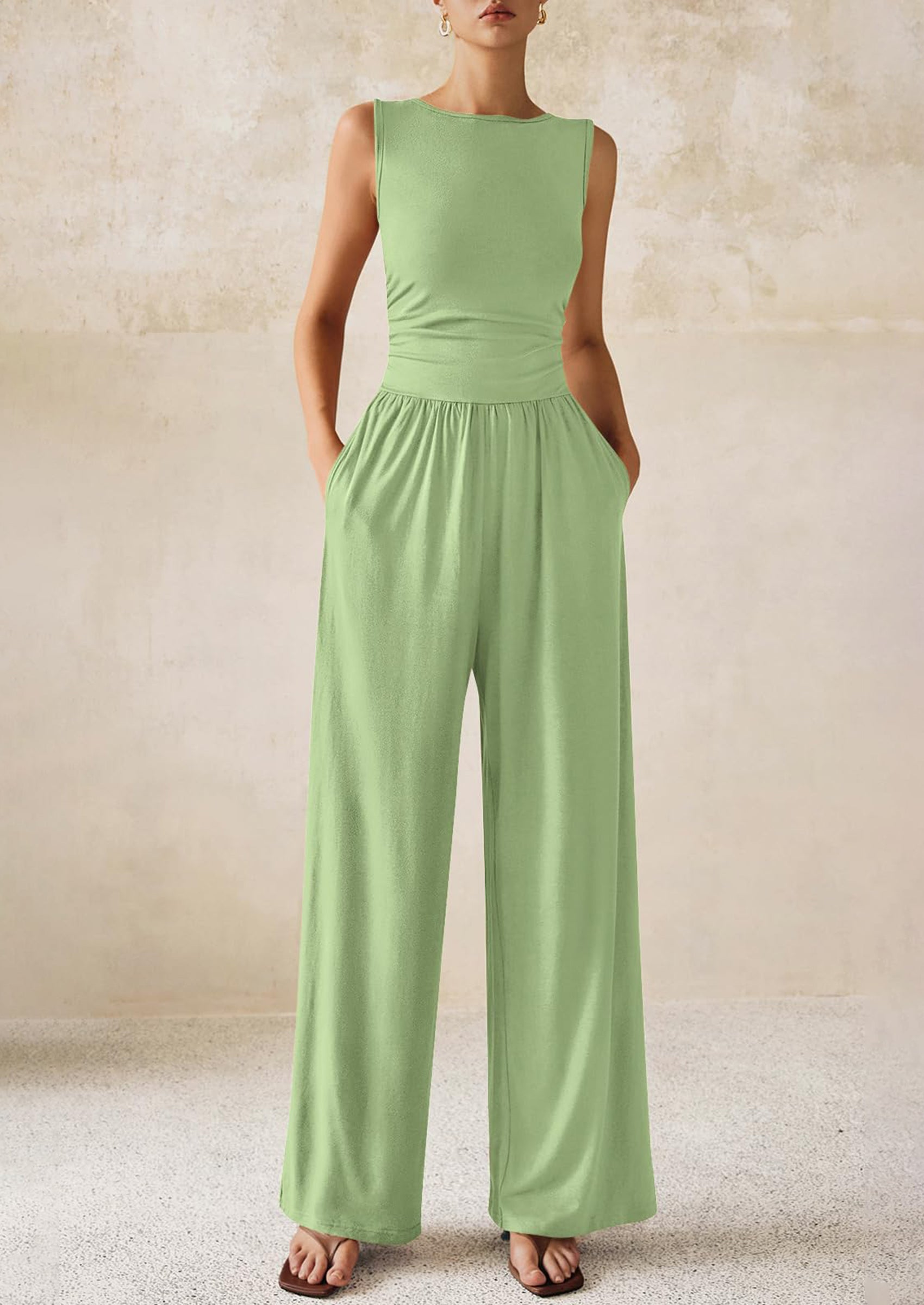 PRETTYGARDEN One Piece Jumpsuits for Women Dressy Casual Sleeveless Crewneck Wide Leg Rompers Jumpers Vacation Summer Outfits