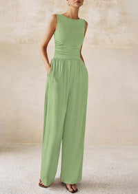 PRETTYGARDEN One Piece Jumpsuits for Women Dressy Casual Sleeveless Crewneck Wide Leg Rompers Jumpers Vacation Summer Outfits
