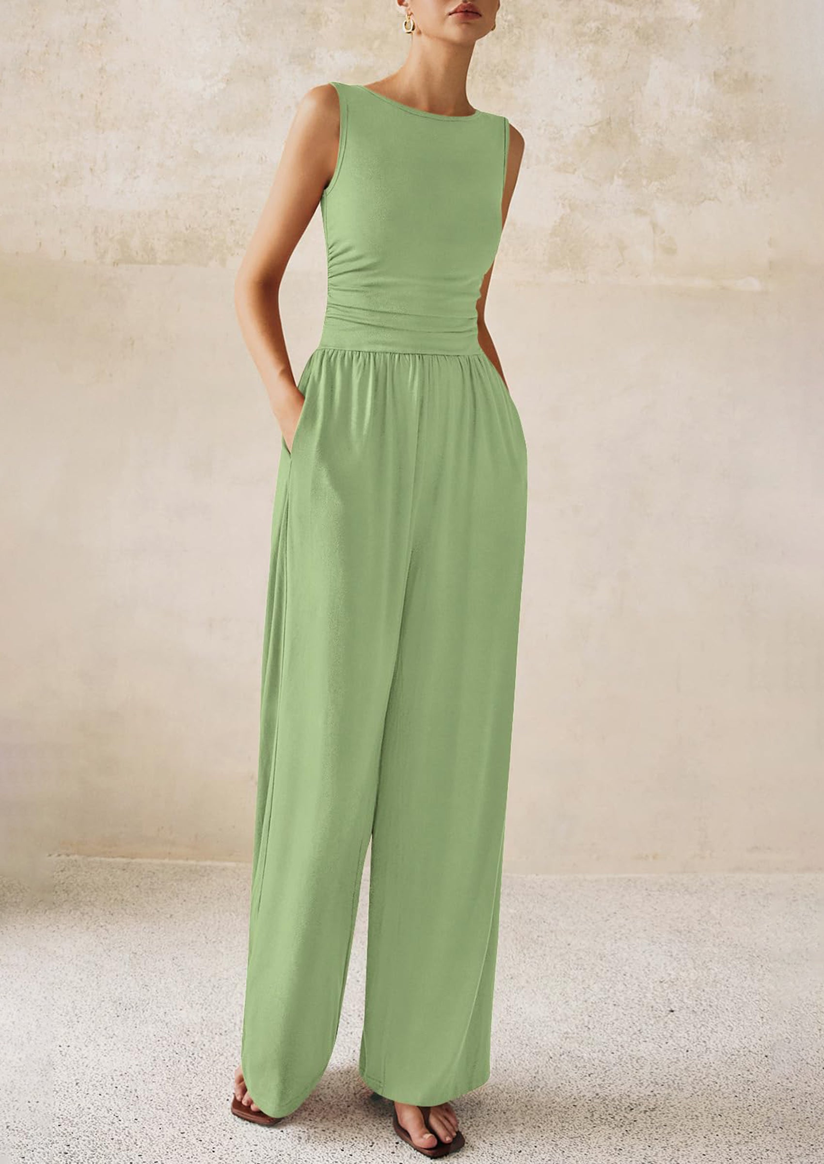 PRETTYGARDEN One Piece Jumpsuits for Women Dressy Casual Sleeveless Crewneck Wide Leg Rompers Jumpers Vacation Summer Outfits
