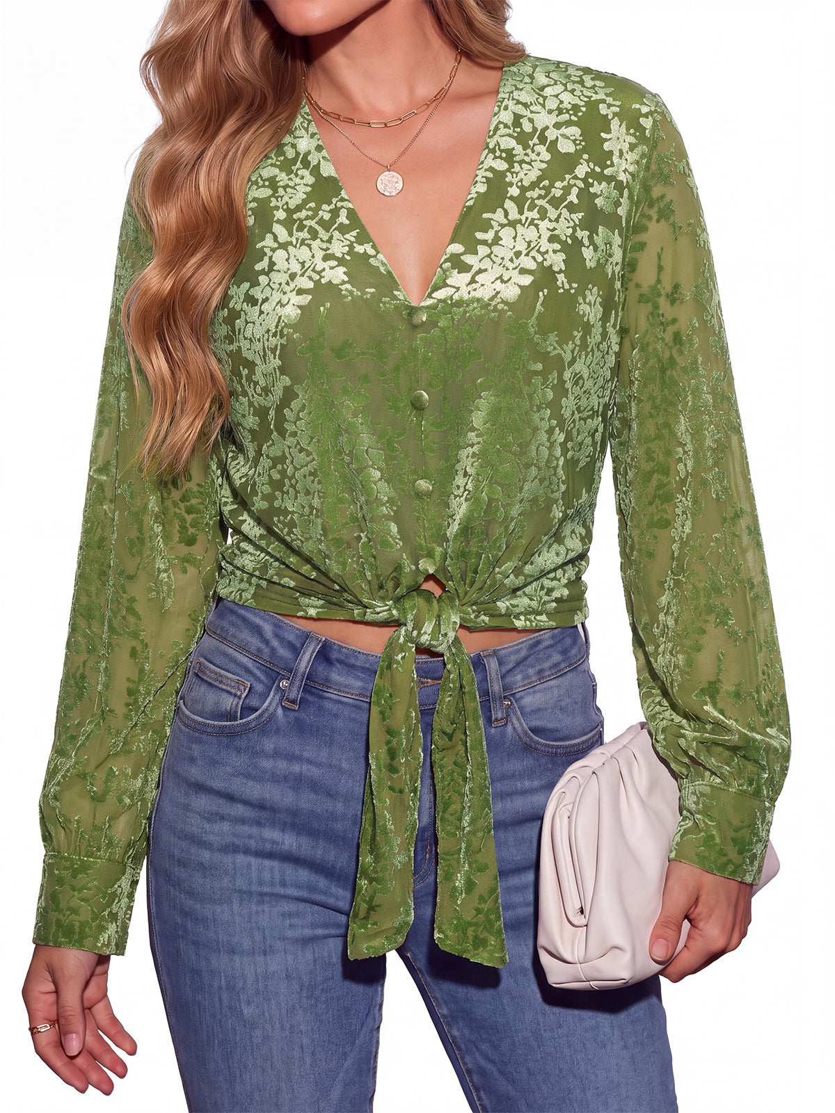PRETTYGARDEN Women Double Lined Long Sleeve Shirts Tie Knot Front Crop Tops Sheer Sleeves, Velvet Jacquard Floral, Delicate Decorate Button, Classic V Neck, Elegant Dressy Blouses, Casual Fall Outfits