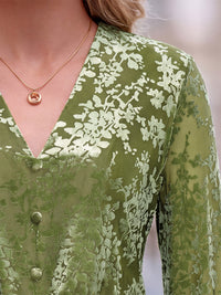 PRETTYGARDEN Women Double Lined Long Sleeve Shirts Tie Knot Front Crop Tops Sheer Sleeves, Velvet Jacquard Floral, Delicate Decorate Button, Classic V Neck, Elegant Dressy Blouses, Casual Fall Outfits