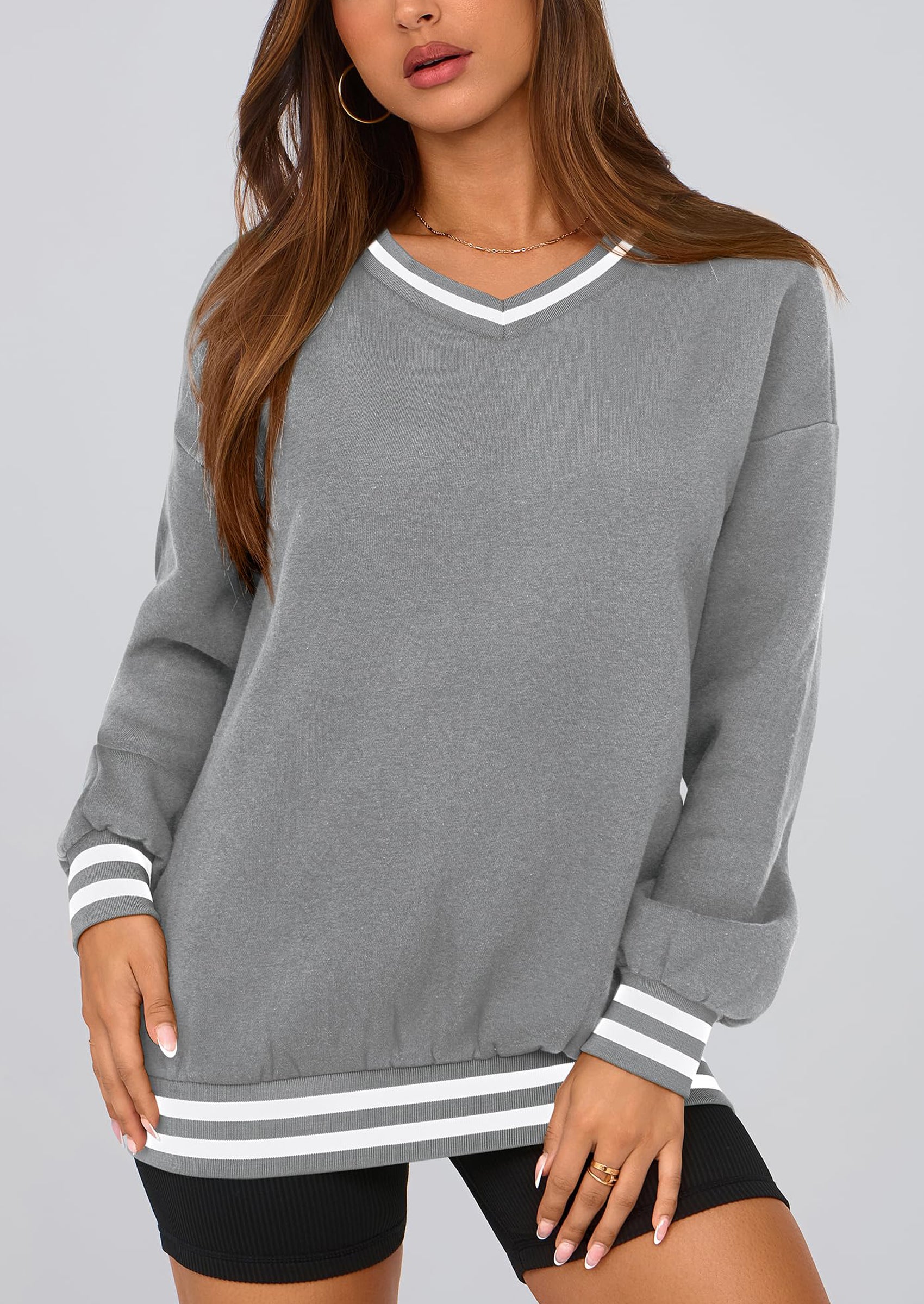 PRETTYGARDEN Women's Oversized Sweatshirts Casual Long Sleeve Stripes Knit V Neck Pullover Top Fall Teens Preppy Clothes