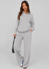 PRETTYGARDEN Women Fall 2 Piece Outfits Sweatsuits Quarter Button Long Sleeve Sweatshirt Wide Leg Pants Tracksuit Lounge Sets