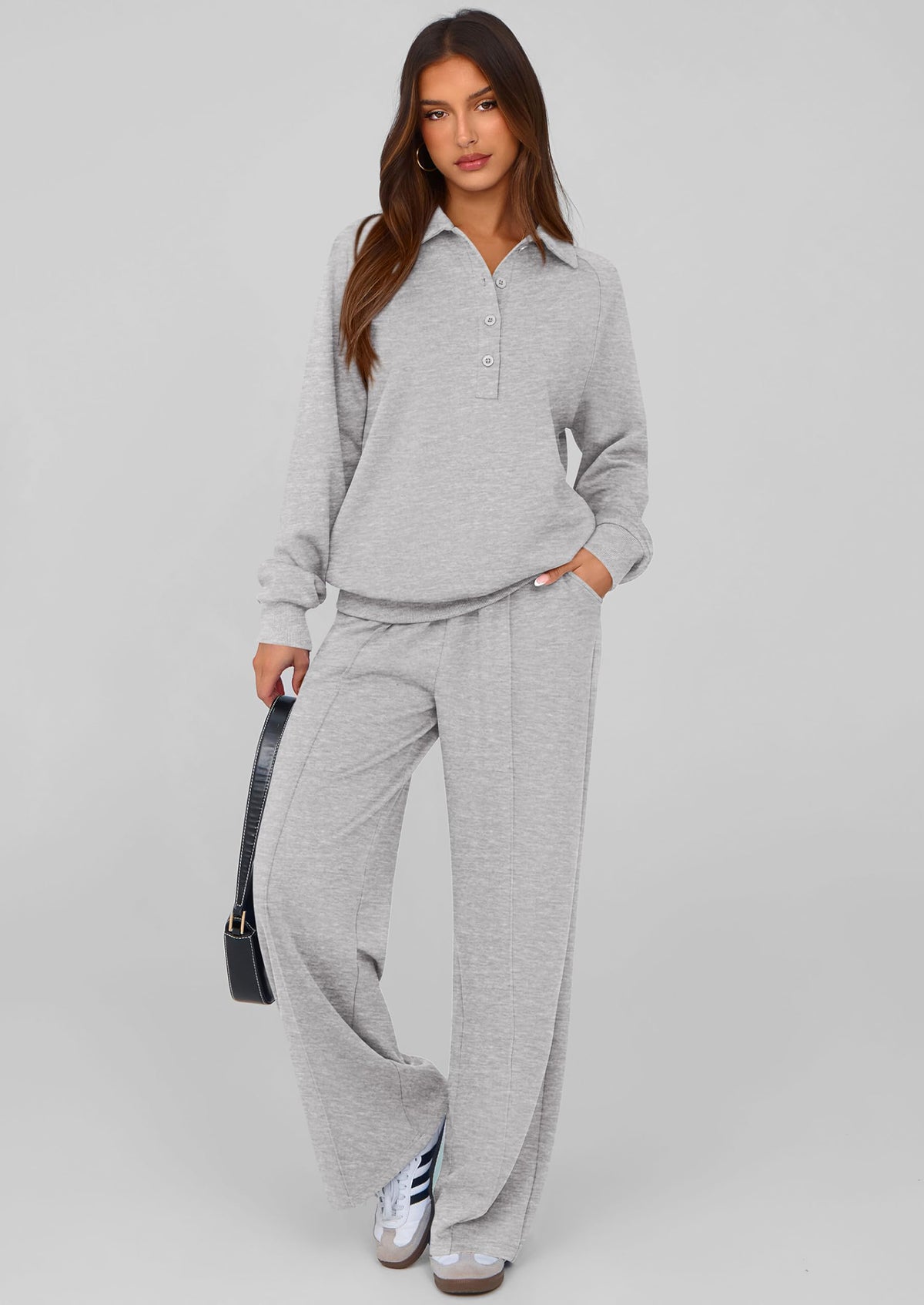PRETTYGARDEN Women Fall 2 Piece Outfits Sweatsuits Quarter Button Long Sleeve Sweatshirt Wide Leg Pants Tracksuit Lounge Sets