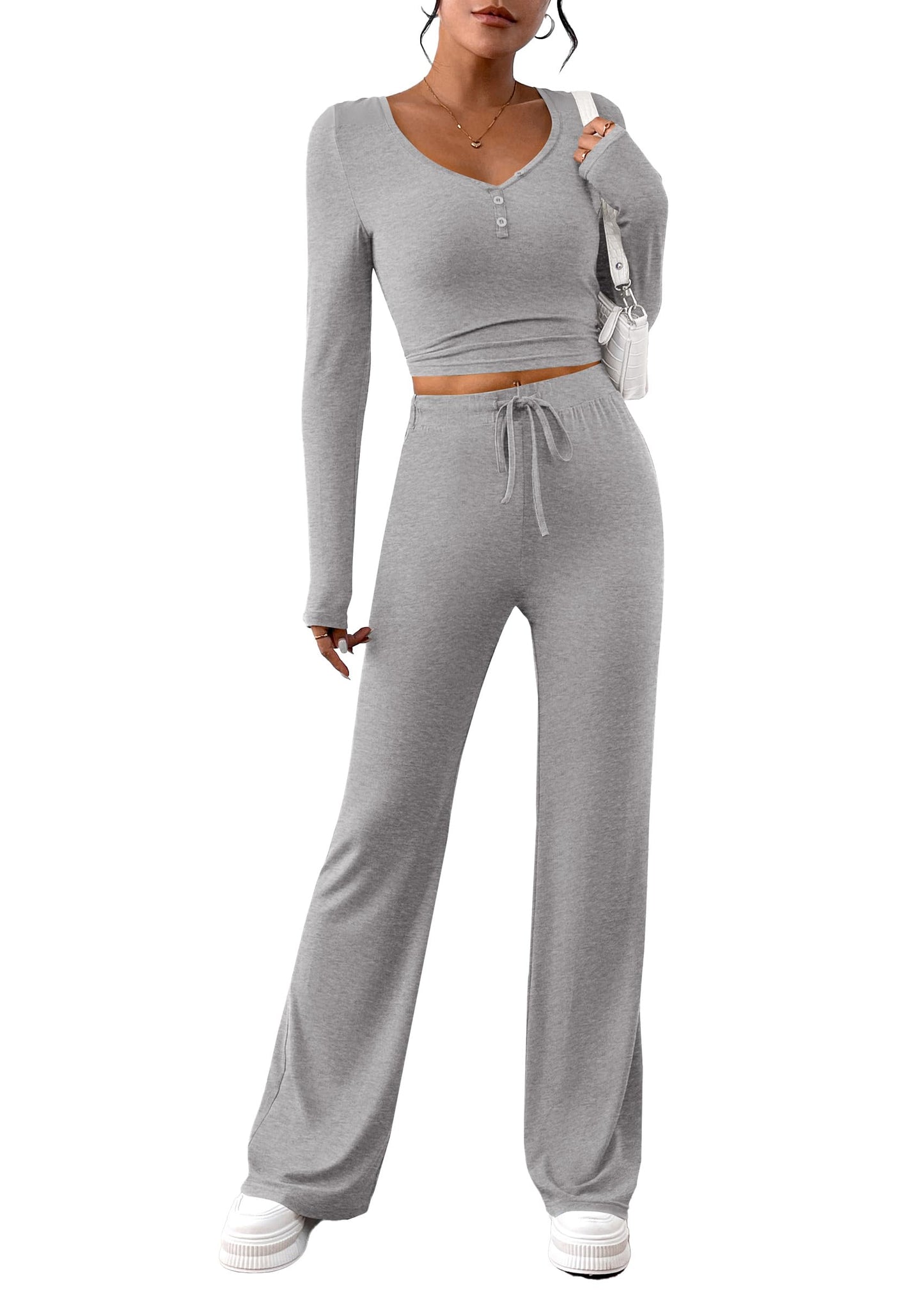 Two Piece Sets For Women Long Sleeve V Neck Crop Tops Flare Pants Lounge Set Casual Outfits