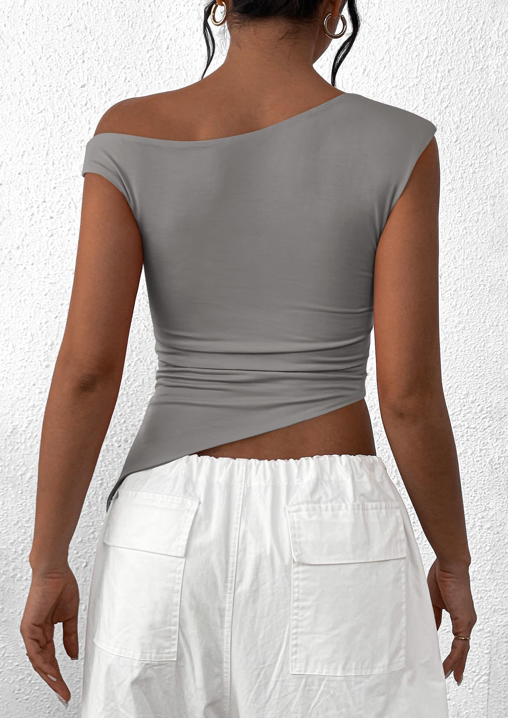 PRETTYGARDEN Womens Off The Shoulder Tops Summer Sleeveless One Shoulder Ruched Asymmetrical Y2K Going Out Crop Tank Top