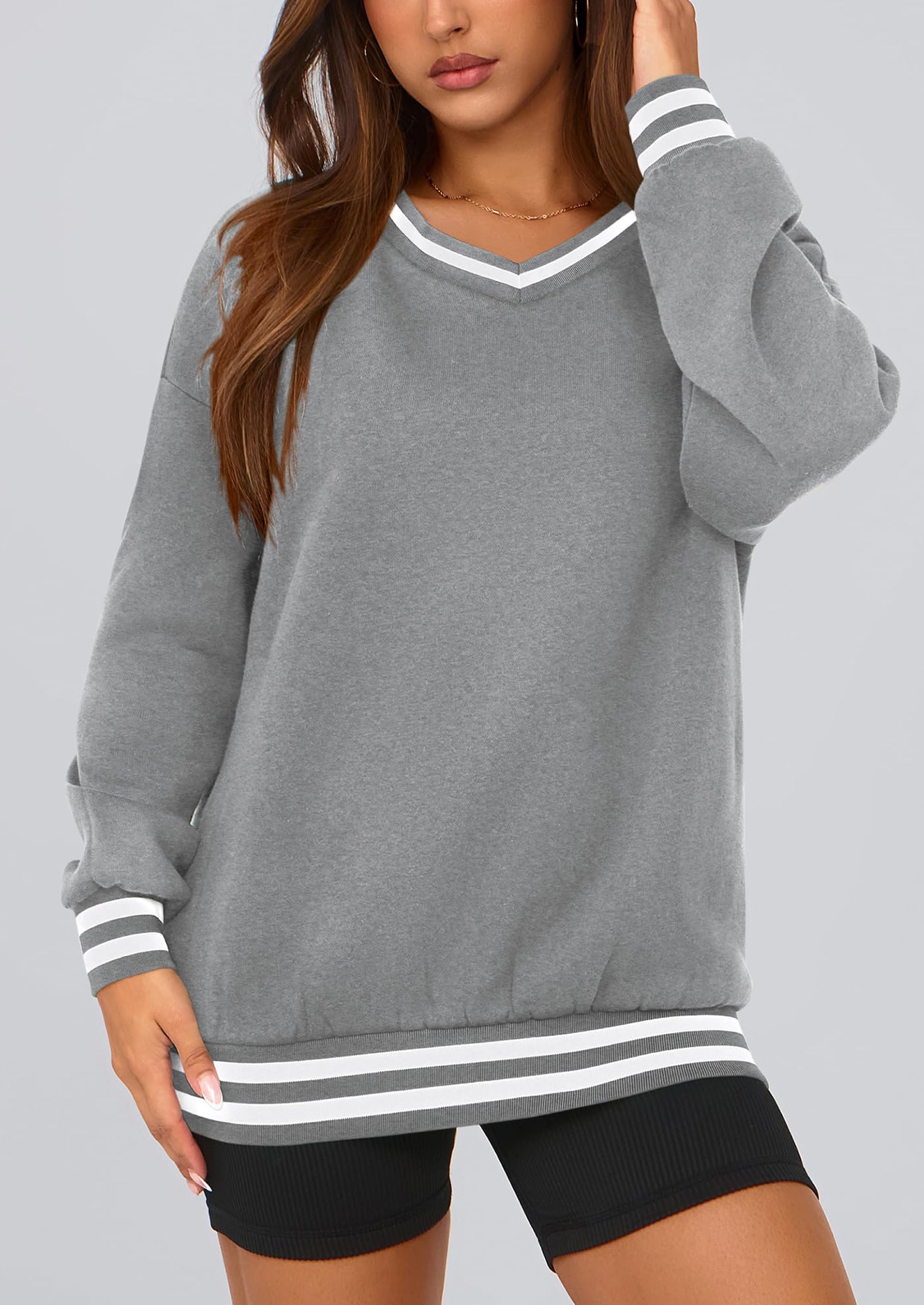 PRETTYGARDEN Women's Oversized Sweatshirts Casual Long Sleeve Stripes Knit V Neck Pullover Top Fall Teens Preppy Clothes