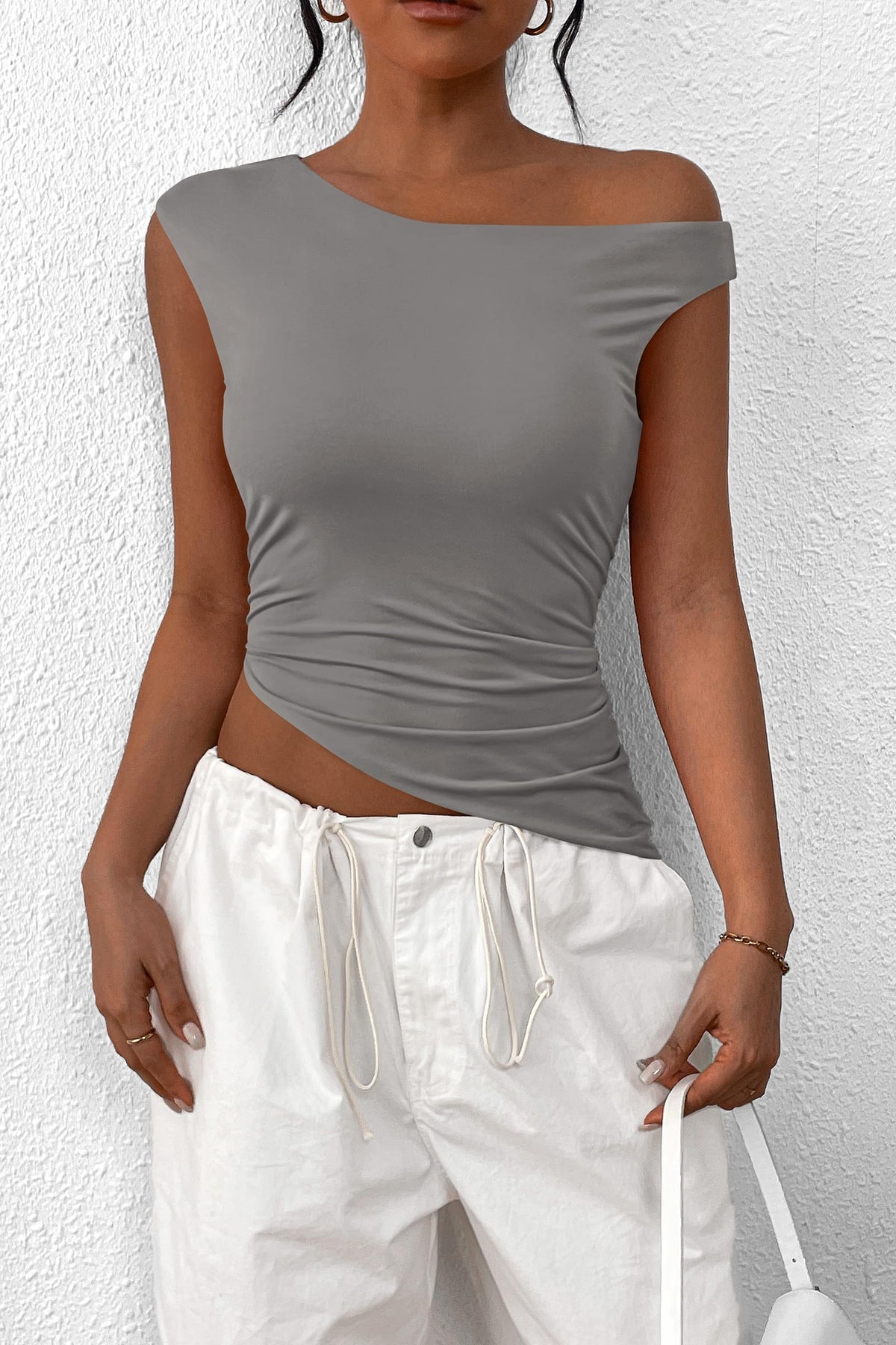 Summer Off The Shoulder Sleeveless One Shoulder Ruched Asymmetrical Y2K Tank Top