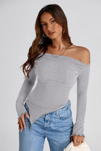 Long Sleeve Y2K Crop Top Trendy Off Shoulder Asymmetrical Fitted Knit Tee Shirts Going Out Tops