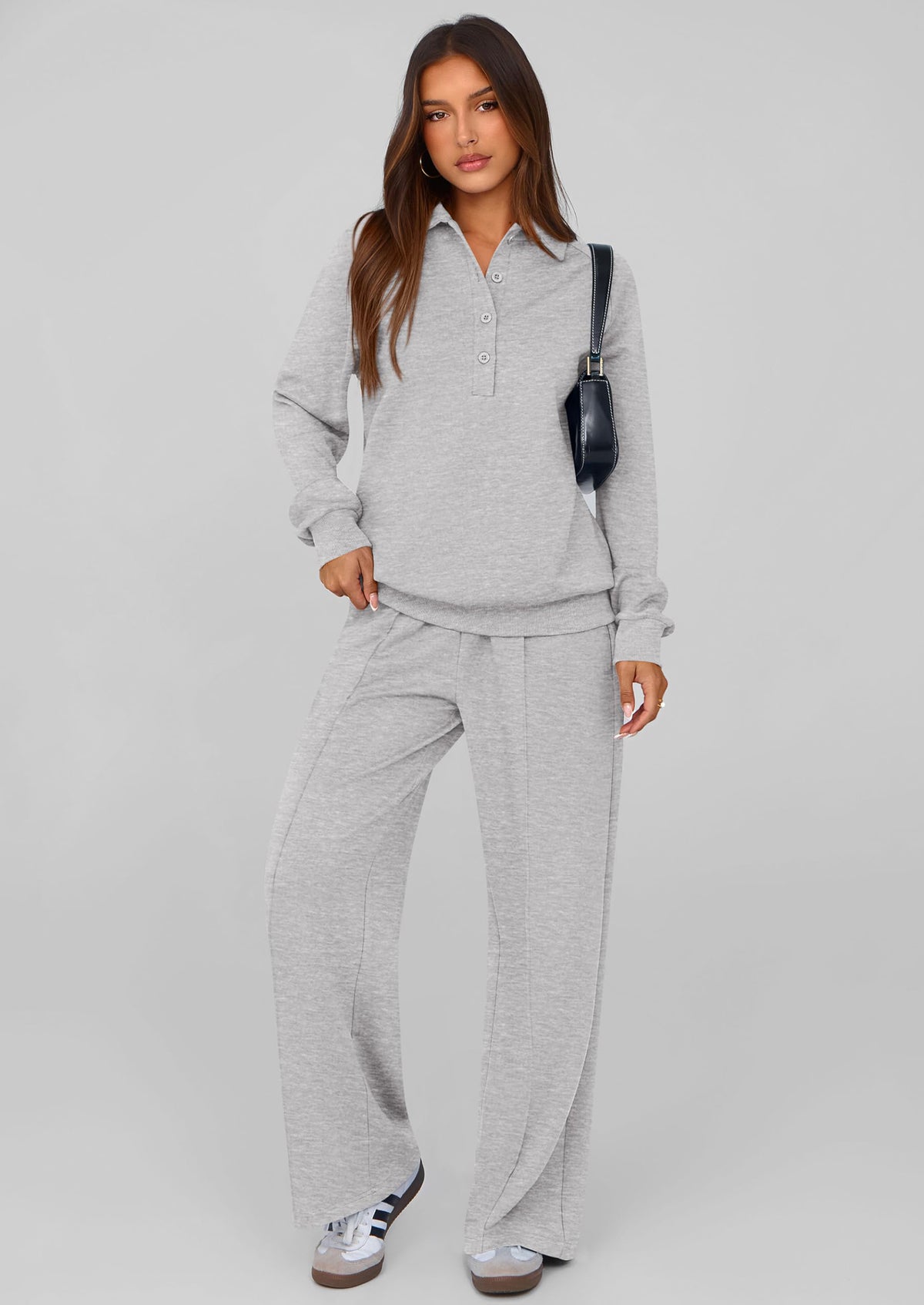 PRETTYGARDEN Women Fall 2 Piece Outfits Sweatsuits Quarter Button Long Sleeve Sweatshirt Wide Leg Pants Tracksuit Lounge Sets