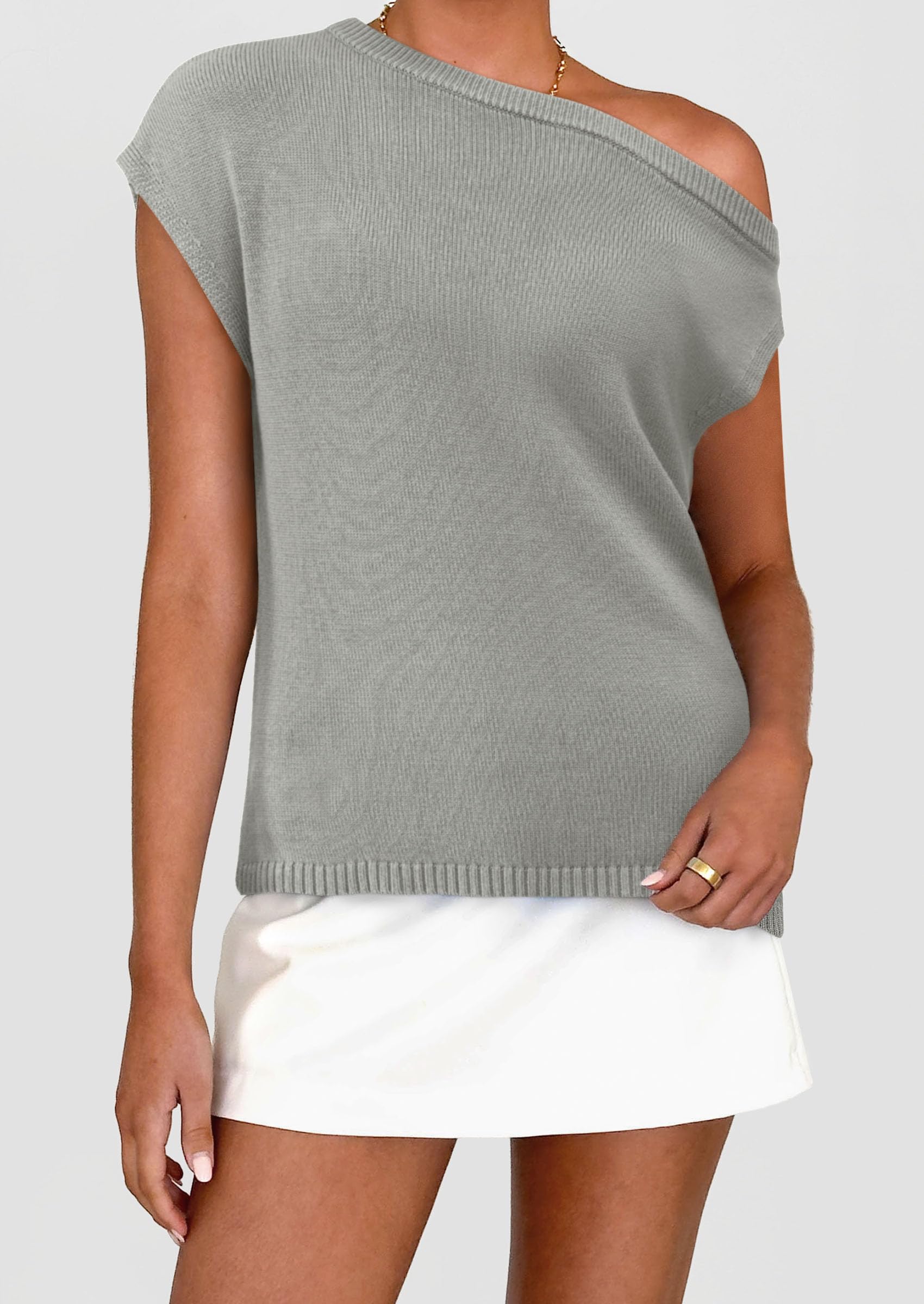 PRETTYGARDEN Womens Off The Shoulder Tops Summer Casual Short Sleeve Tunic T Shirts Lightweight Knit Sweaters