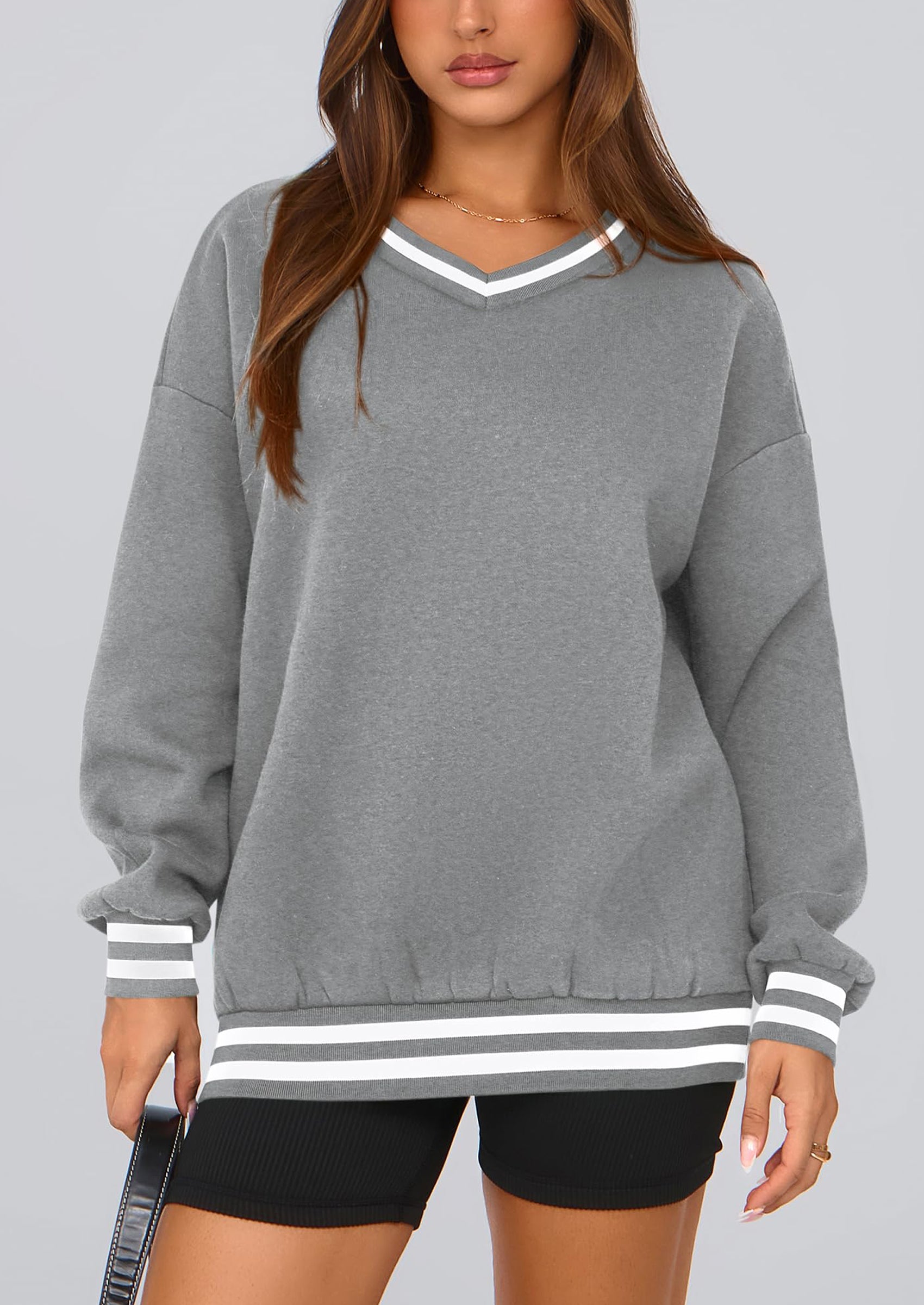 PRETTYGARDEN Women's Oversized Sweatshirts Casual Long Sleeve Stripes Knit V Neck Pullover Top Fall Teens Preppy Clothes