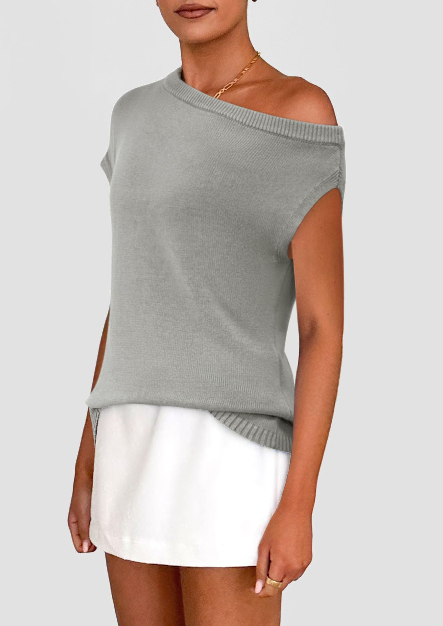 PRETTYGARDEN Womens Off The Shoulder Tops Summer Casual Short Sleeve Tunic T Shirts Lightweight Knit Sweaters