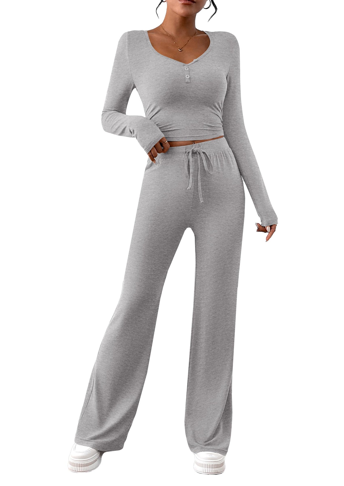 Two Piece Sets For Women Long Sleeve V Neck Crop Tops Flare Pants Lounge Set Casual Outfits