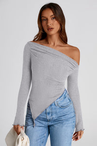 Long Sleeve Y2K Crop Top Trendy Off Shoulder Asymmetrical Fitted Knit Tee Shirts Going Out Tops